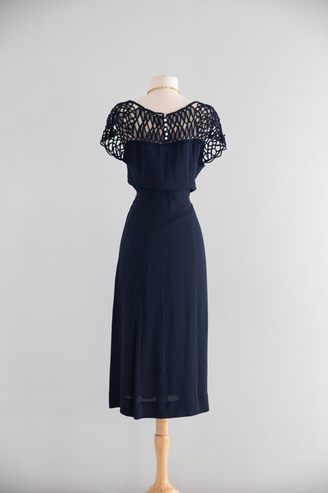 Rare 1930's NRA Labeled Navy Crepe Dress With Soutache Sleeves / M