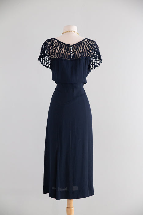 Rare 1930's NRA Labeled Navy Crepe Dress With Soutache Sleeves / M