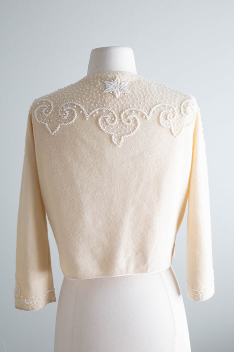 Vintage 1960's Vanilla Lambswool Angora Beaded Cardigan / Medium