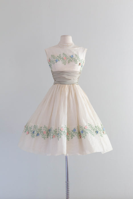 Vintage Embroidered Organdy Party Dress With Floral Applique / XS