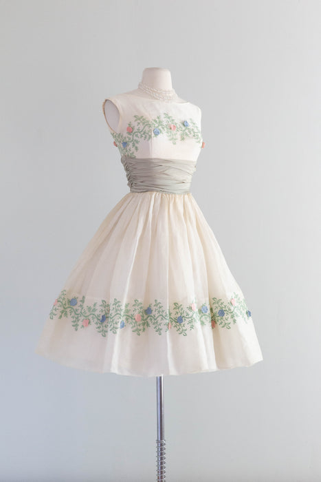 Vintage Embroidered Organdy Party Dress With Floral Applique / XS