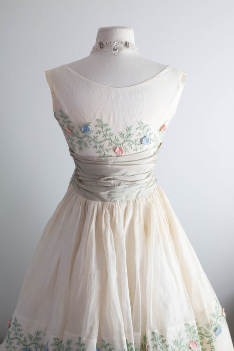 Vintage Embroidered Organdy Party Dress With Floral Applique / XS Xtabay Vintage Vintage Embroidered Organdy Party Dress With Floral Applique / XS Xtabay Vintage
