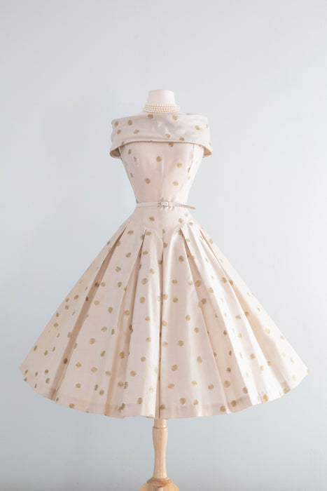 Iconic 1950's Gold Champagne Polka Dot Party Dress By Janet Leigh for Natlynn Juniors / SM Iconic 1950's Gold Champagne Polka Dot Party Dress By Janet Leigh for Natlynn Juniors / SM
