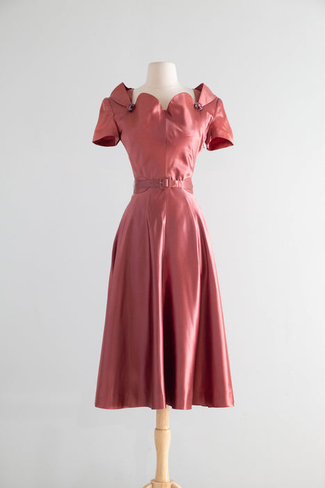Sumptuous Late 1940's Rosewood Satin Cocktail Dress By Eisenberg Originals / SM