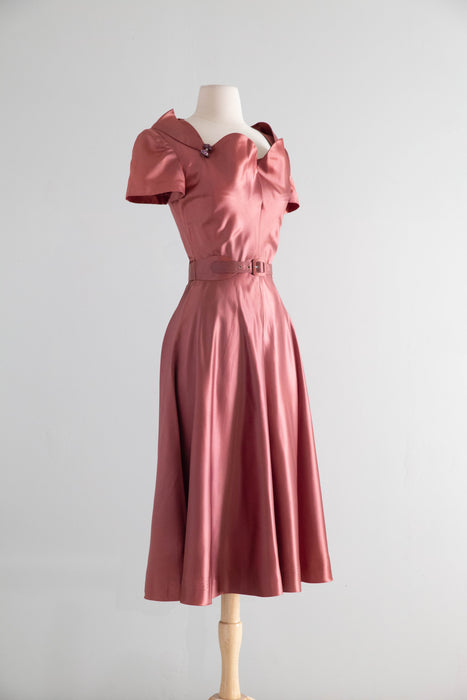 Sumptuous Late 1940's Rosewood Satin Cocktail Dress By Eisenberg Originals / SM