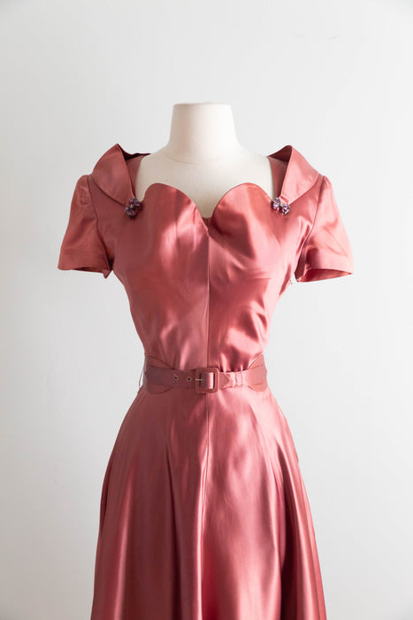Sumptuous Late 1940's Rosewood Satin Cocktail Dress By Eisenberg Originals / SM
