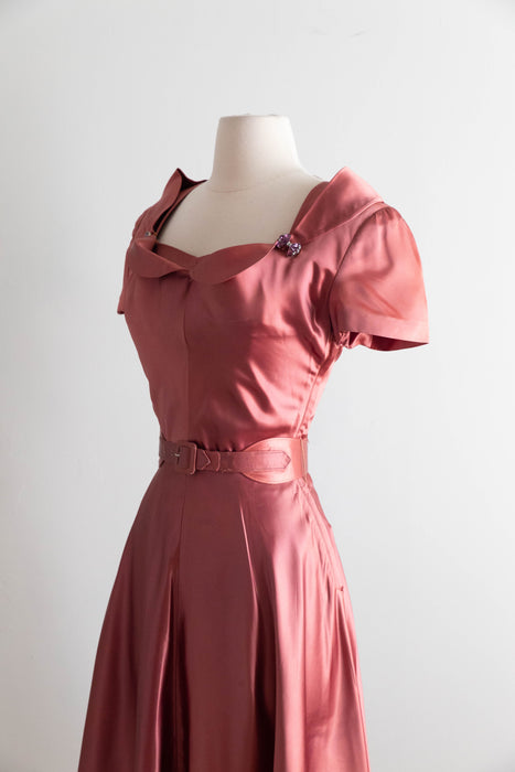 Sumptuous Late 1940's Rosewood Satin Cocktail Dress By Eisenberg Originals / SM