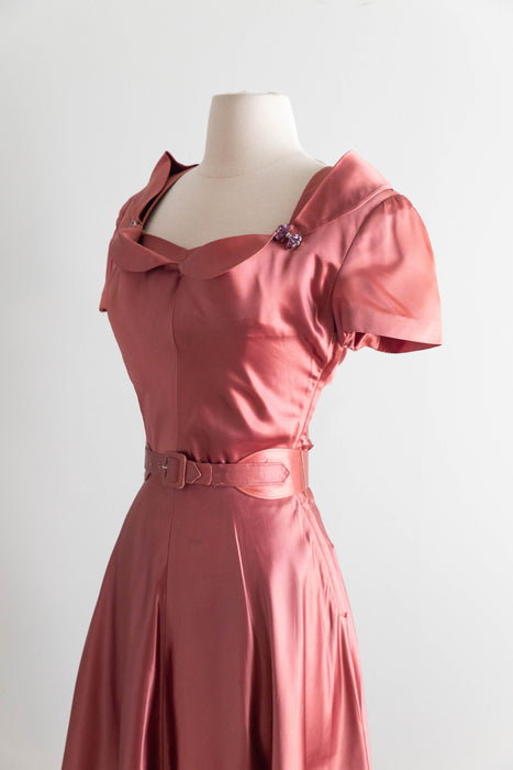 Sumptuous Late 1940's Rosewood Satin Cocktail Dress By Eisenberg Originals / SM
