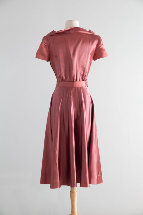 Sumptuous Late 1940's Rosewood Satin Cocktail Dress By Eisenberg Originals / SM