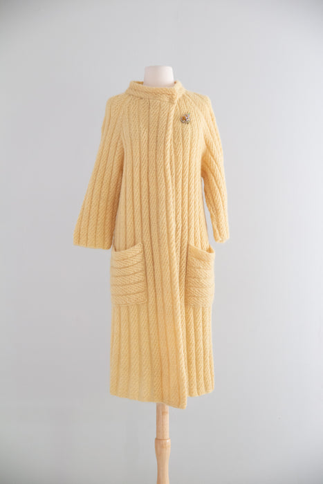 Beautiful Hand Knit Butter Yellow Wool & Mohair Duster  / SM