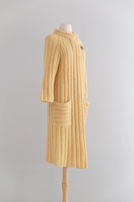 Beautiful Hand Knit Butter Yellow Wool & Mohair Duster  / SM
