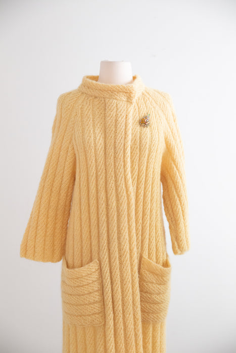 Beautiful Hand Knit Butter Yellow Wool & Mohair Duster  / SM