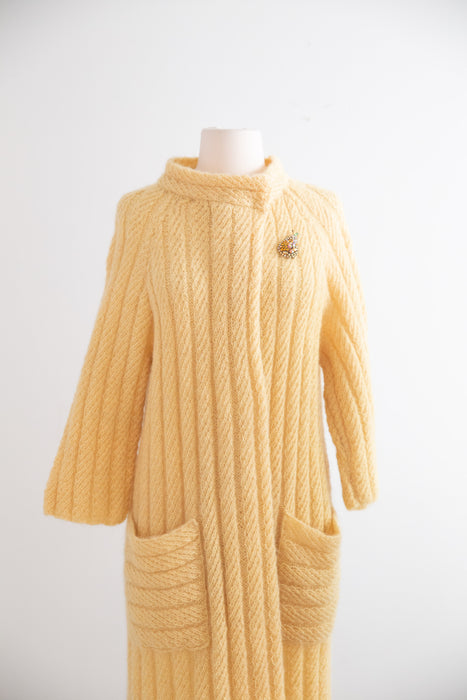 Beautiful Hand Knit Butter Yellow Wool & Mohair Duster  / SM