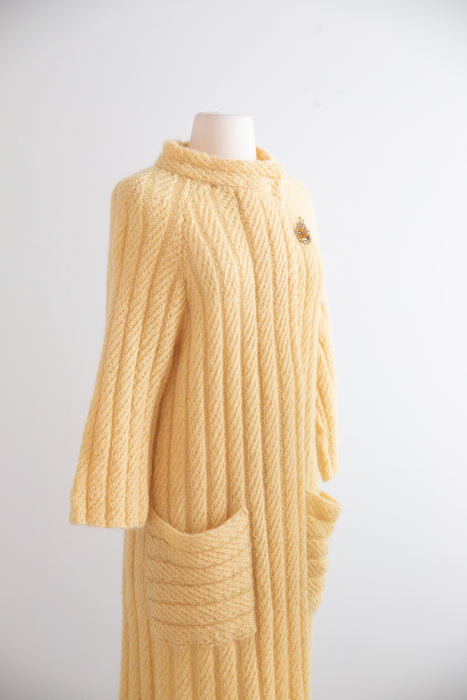 Beautiful Hand Knit Butter Yellow Wool & Mohair Duster  / SM