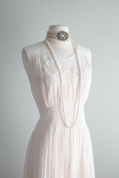 Pristine 1920's White Cotton Voile Embroidered Hungarian Peasant Dress / small