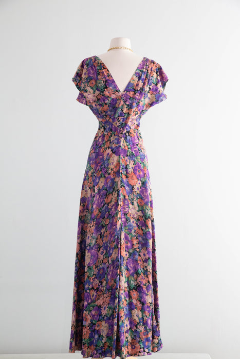 Exquisite 1930's FOGA Late Summer Floral Print Silk Bias Cut Gown / SM