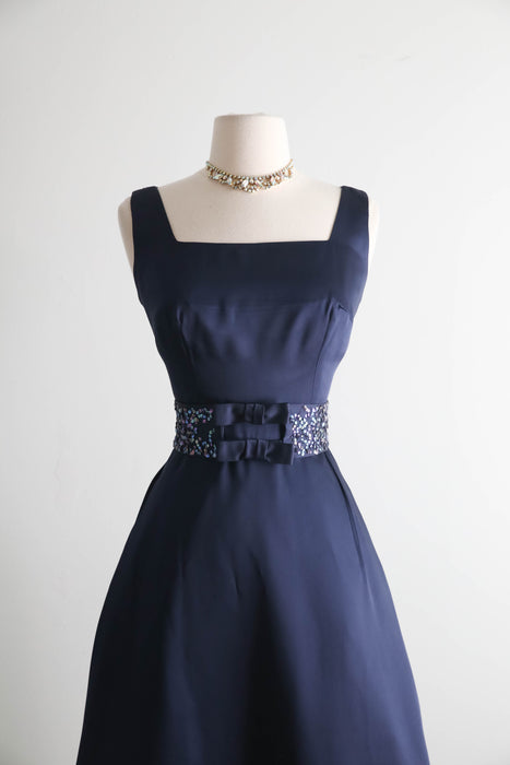Elegant 1960's Midnight Blue Cocktail Dress With Bow Sash / SM
