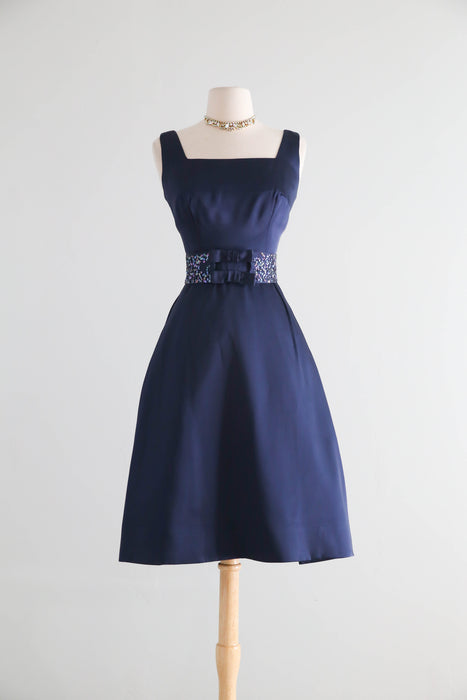 Elegant 1960's Midnight Blue Cocktail Dress With Bow Sash / SM