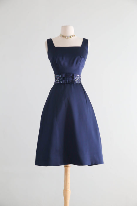 Elegant 1960's Midnight Blue Cocktail Dress With Bow Sash / SM Xtabay Vintage Elegant 1960's Midnight Blue Cocktail Dress With Bow Sash / SM Xtabay Vintage