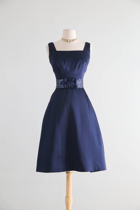 Elegant 1960's Midnight Blue Cocktail Dress With Bow Sash / SM