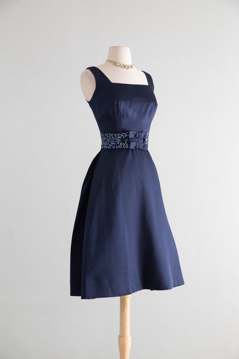 Elegant 1960's Midnight Blue Cocktail Dress With Bow Sash / SM