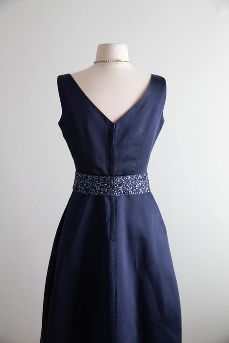 Elegant 1960's Midnight Blue Cocktail Dress With Bow Sash / SM