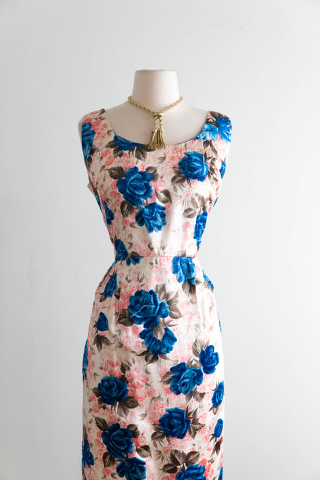 Stunning early 1960's Custom Couture Silk Rose Print Evening Dress / ML