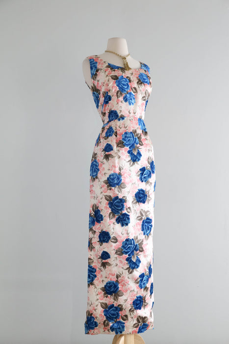 Stunning early 1960's Custom Couture Silk Rose Print Evening Dress / ML