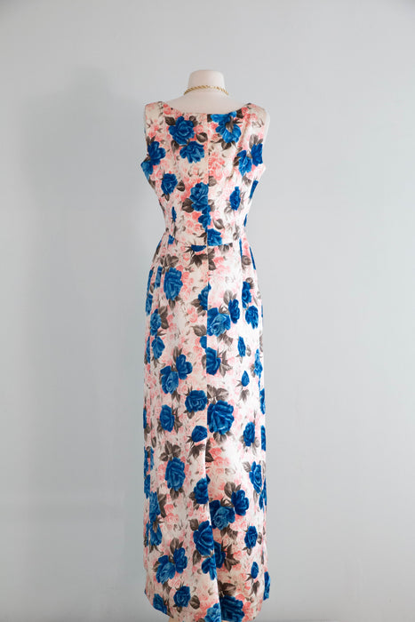 Stunning early 1960's Custom Couture Silk Rose Print Evening Dress / ML