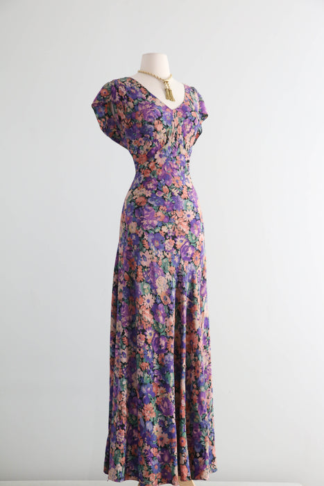 Exquisite 1930's FOGA Late Summer Floral Print Silk Bias Cut Gown / SM