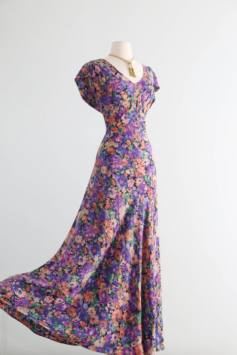 Exquisite 1930's FOGA Late Summer Floral Print Silk Bias Cut Gown / SM