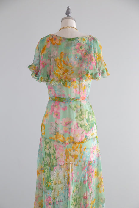 Dreamy 1930's Impressionist Floral Print Silk Chiffon Dress / SM