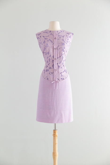 Lovely 1960's Lilac Linen Shift Dress With Floral Cutwork Lace / ML