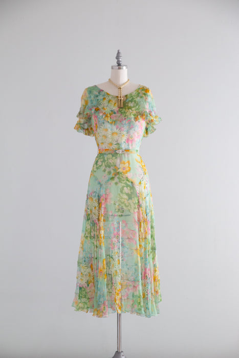Dreamy 1930's Impressionist Floral Print Silk Chiffon Dress / SM