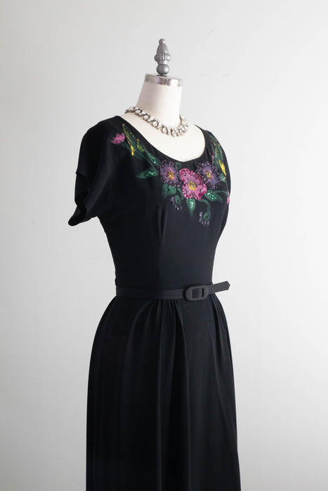 Stunning & Rare 1940's Rayon Evening Gown With Hand Painted Floral Motif / XS