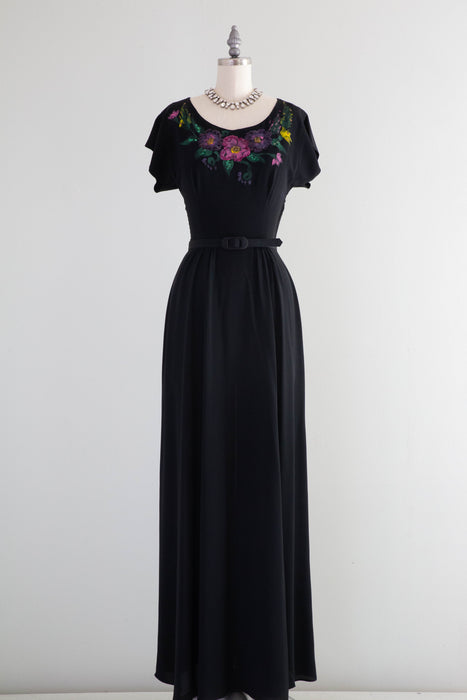 Stunning & Rare 1940's Rayon Evening Gown With Hand Painted Floral Motif / XS