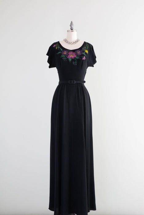 Stunning & Rare 1940's Rayon Evening Gown With Hand Painted Floral Motif / XS