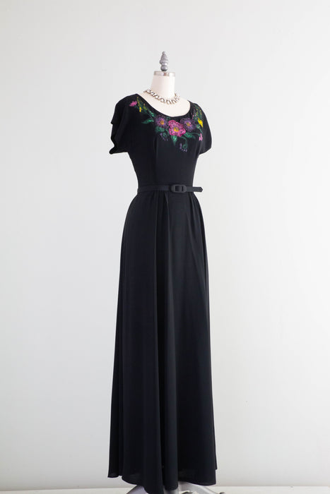 Stunning & Rare 1940's Rayon Evening Gown With Hand Painted Floral Motif / XS