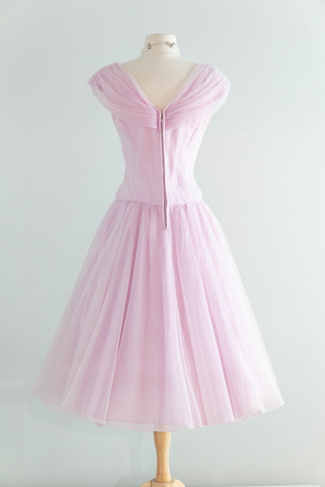 Dreamy 1950's Lilac Chiffon Party Dress With Full Skirt and Princess Neckline / SM
