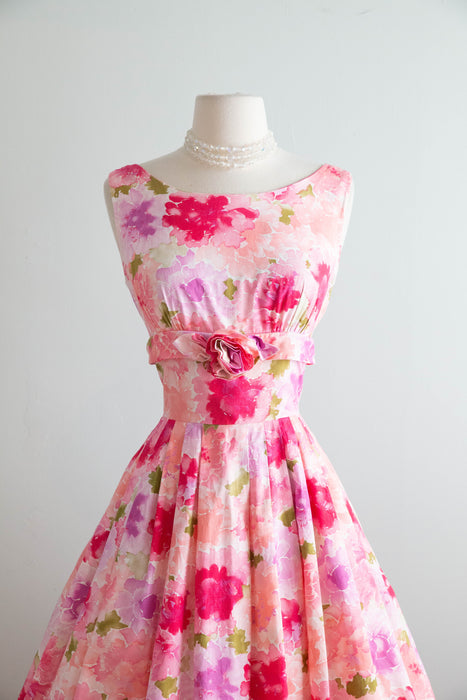 Classic 1950's Floral Bouquet Cotton Dress With Full Skirt & Rosette / SM