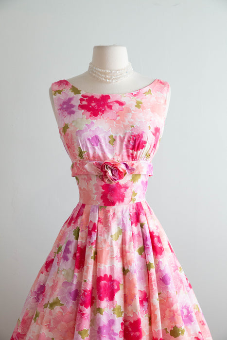 Classic 1950's Floral Bouquet Cotton Dress With Full Skirt & Rosette / SM