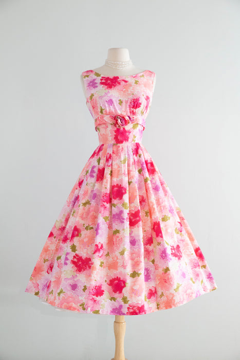 Classic 1950's Floral Bouquet Cotton Dress With Full Skirt & Rosette / SM