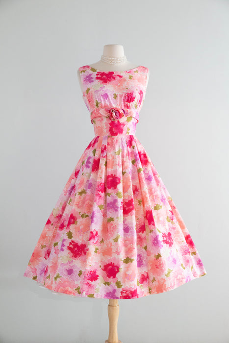 Classic 1950's Floral Bouquet Cotton Dress With Full Skirt & Rosette / SM