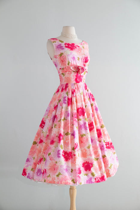 Classic 1950's Floral Bouquet Cotton Dress With Full Skirt & Rosette / SM