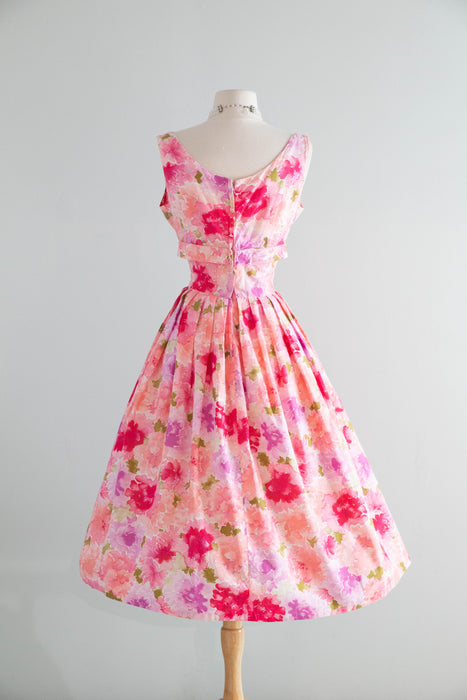 Classic 1950's Floral Bouquet Cotton Dress With Full Skirt & Rosette / SM