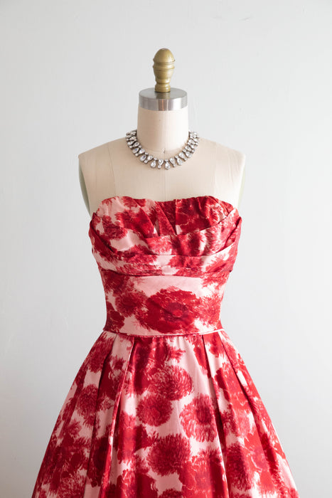 Elegant 1950's Poppy & Dahlia Print Silk Faille Cocktail Party Dress / XXS
