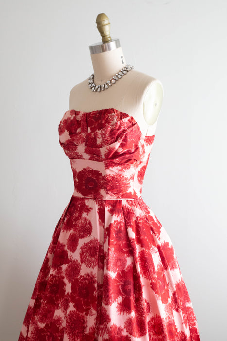 Elegant 1950's Poppy & Dahlia Print Silk Faille Cocktail Party Dress / XXS