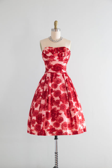 Elegant 1950's Poppy & Dahlia Print Silk Faille Cocktail Party Dress / XXS