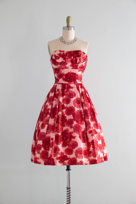 Elegant 1950's Poppy & Dahlia Print Silk Faille Cocktail Party Dress / XXS