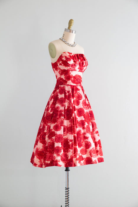Elegant 1950's Poppy & Dahlia Print Silk Faille Cocktail Party Dress / XXS